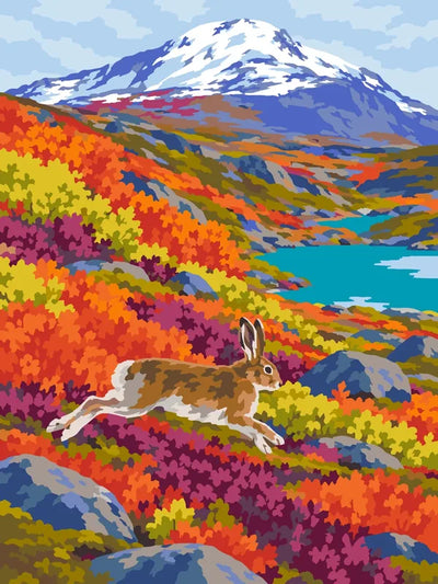 Paint by numbers of a mountain hare leaping across autumn-coloured fell slopes below a snowy mountain and a turquoise lake.