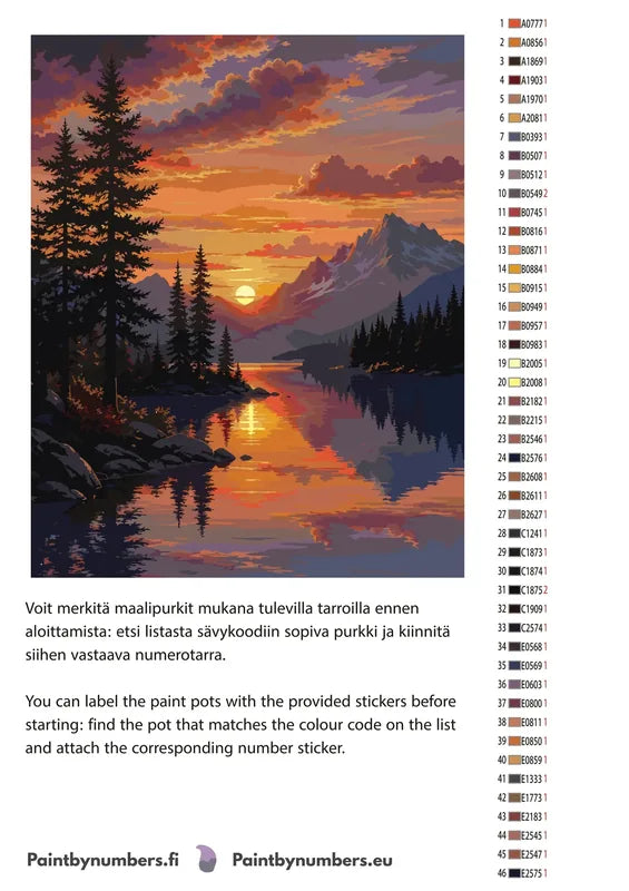 Paint color chart and instructions - Mountain Lake Sunset 40x50cm