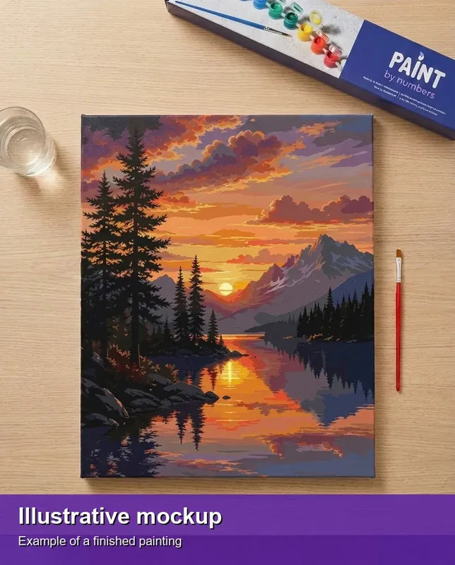 Finished paint by numbers mockup - Mountain Lake Sunset 40x50cm