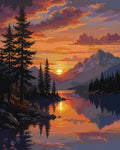 Thumbnail for Mountain lake sunset paint by numbers. Pine trees, mountains, water reflections.