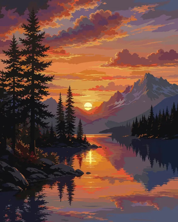 Mountain lake sunset paint by numbers. Pine trees, mountains, water reflections.