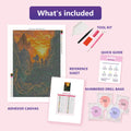 Thumbnail for What is included in the Mountain Pass diamond painting kit - adhesive canvas, reference sheet, tools and numbered drill bags