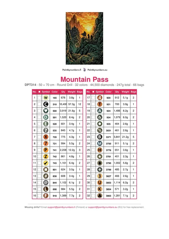 DMC color chart for Mountain Pass diamond painting - 32 colors