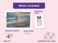 Thumbnail for Mountain Peace 60x40cm diamond painting kit contents: adhesive canvas, color chart, tools and diamond bags