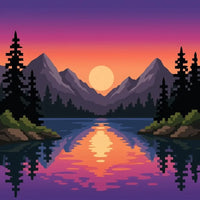 Thumbnail for Diamond Painting of a mountain lake at sunset, with purple and orange sky and soft reflections on the water.