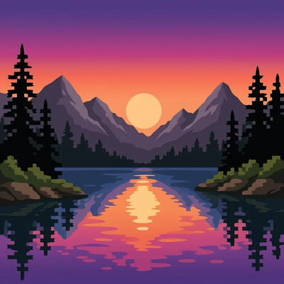 Diamond Painting of a mountain lake at sunset, with purple and orange sky and soft reflections on the water.