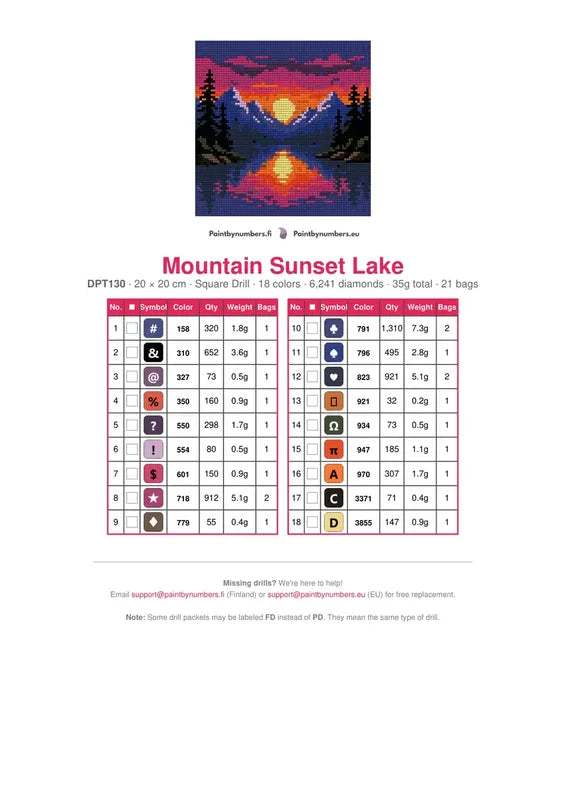 DMC color chart for Mountain Sunset Lake diamond painting - 18 colors