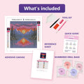 Thumbnail for Mountain Sunset Lake 20x20cm diamond painting kit contents: adhesive canvas, color chart, tools and diamond bags