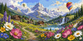 Thumbnail for Mountain village, lake, and wildflowers Paint By Numbers. Hot air balloons in the sky.