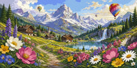 Thumbnail for Mountain village, lake, and wildflowers Paint By Numbers. Hot air balloons in the sky.