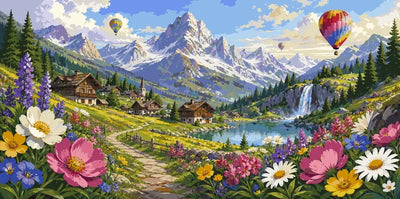 Mountain village, lake, and wildflowers Paint By Numbers. Hot air balloons in the sky.