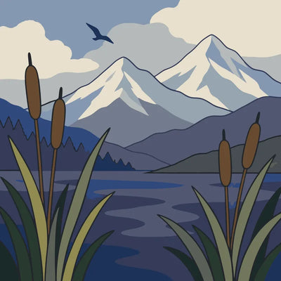 Mountains, lake and reeds paint by numbers. Stylized landscape.