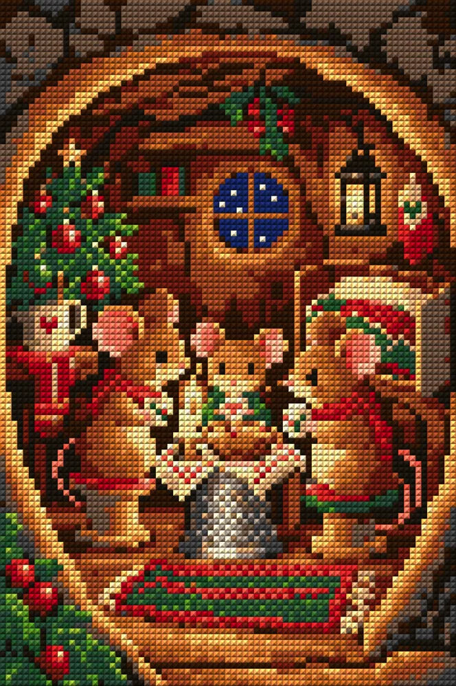 mouse family Christmas Eve in a tiny home, 20x30 cm diamond painting – full design preview