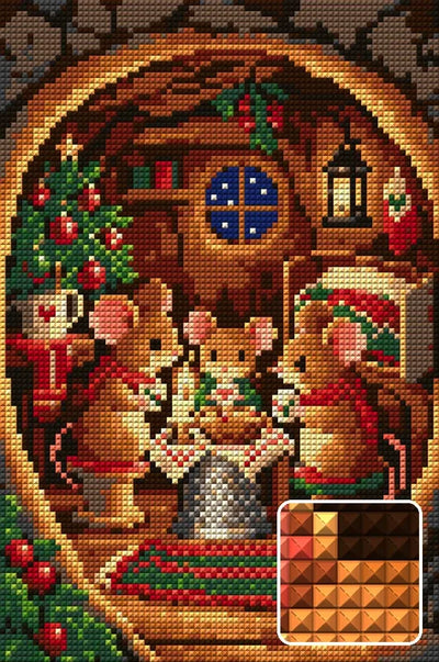 mouse family Christmas Eve in a tiny home, 20x30 cm diamond painting – design and close-up of square drills