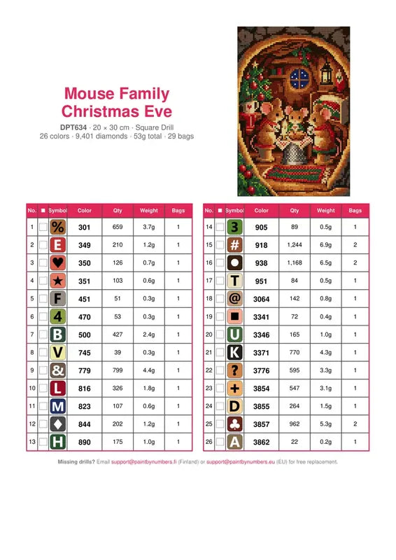 DMC color chart for Mouse Family Christmas Eve diamond painting - 26 colors