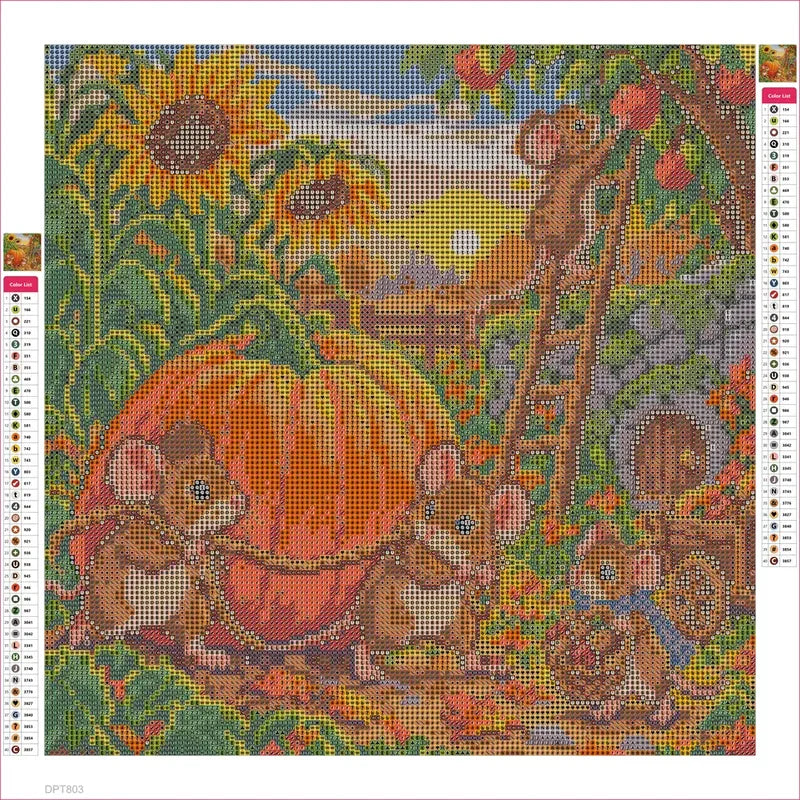 Diamond painting adhesive canvas preview - Mouse Family's Pumpkin Harvest