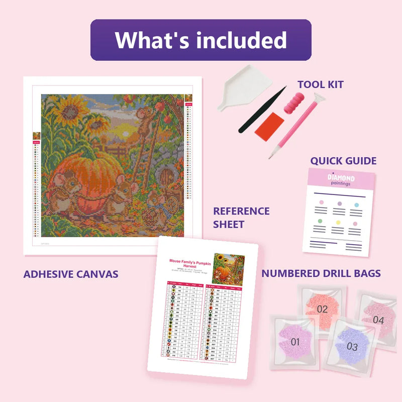 What is included in the Mouse Family's Pumpkin Harvest diamond painting kit - adhesive canvas, reference sheet, tools and numbered drill bags