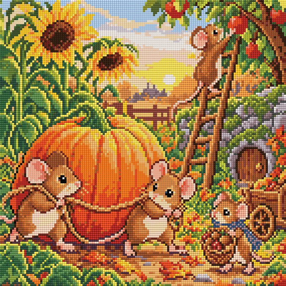 mouse family harvesting a giant pumpkin in an autumn garden, 40x40 cm diamond painting – finished design preview