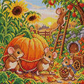 Thumbnail for mouse family harvesting a giant pumpkin in an autumn garden, 40x40 cm diamond painting – full design preview