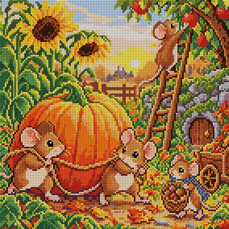 mouse family harvesting a giant pumpkin in an autumn garden, 40x40 cm diamond painting – full design preview