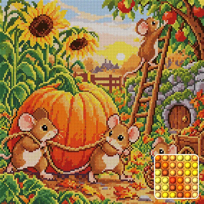 mouse family harvesting a giant pumpkin in an autumn garden, 40x40 cm diamond painting – design and close-up of round drills