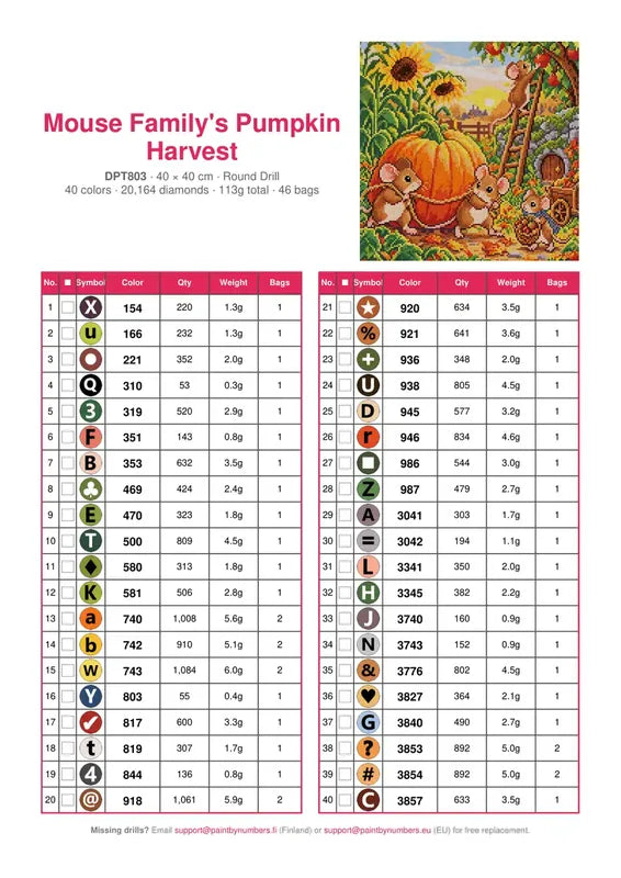 DMC color chart for Mouse Family's Pumpkin Harvest diamond painting - 40 colors