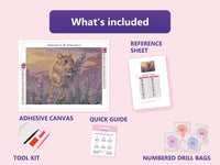 Thumbnail for Mouse on Lavender 40x30cm diamond painting kit contents: adhesive canvas, color chart, tools and diamond bags