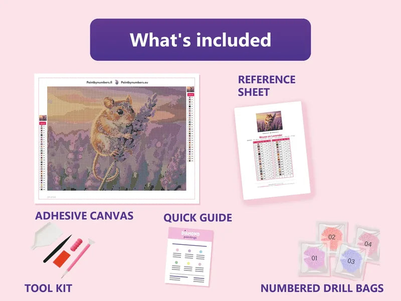 Mouse on Lavender 40x30cm diamond painting kit contents: adhesive canvas, color chart, tools and diamond bags