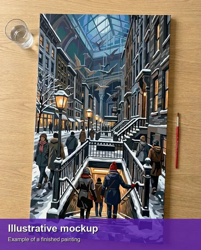 Finished paint by numbers mockup - Museum Staircase and Birds 40x70cm
