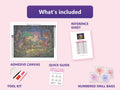 Thumbnail for Mushroom Village 50x40cm diamond painting kit contents: adhesive canvas, color chart, tools and diamond bags