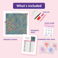 Thumbnail for What is included in the Mystical Botanical Fantasy diamond painting kit - adhesive canvas, reference sheet, tools and numbered drill bags