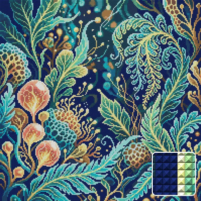 Mystical Botanical Fantasy, 50x50 cm diamond painting – finished design preview with a close-up of square drills