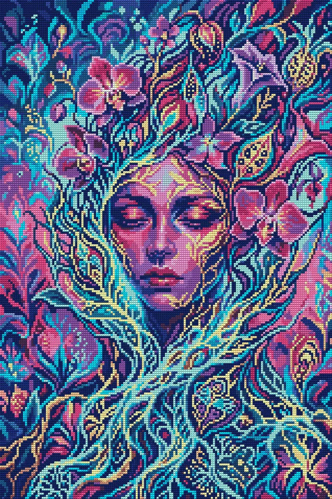 Mystical Floral Spirit Portrait, 40x60 cm diamond painting – full design preview without the close-up inset