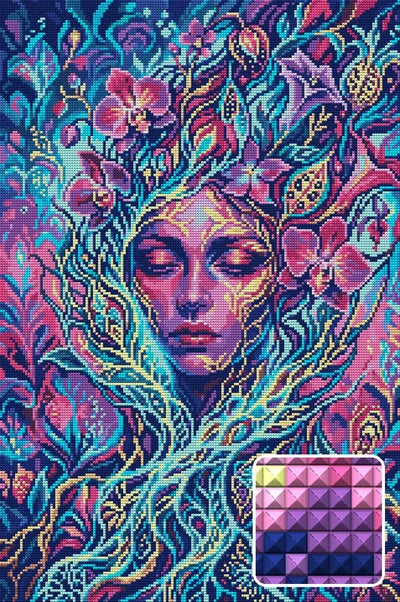 Mystical Floral Spirit Portrait, 40x60 cm diamond painting – finished design preview with a close-up of square drills
