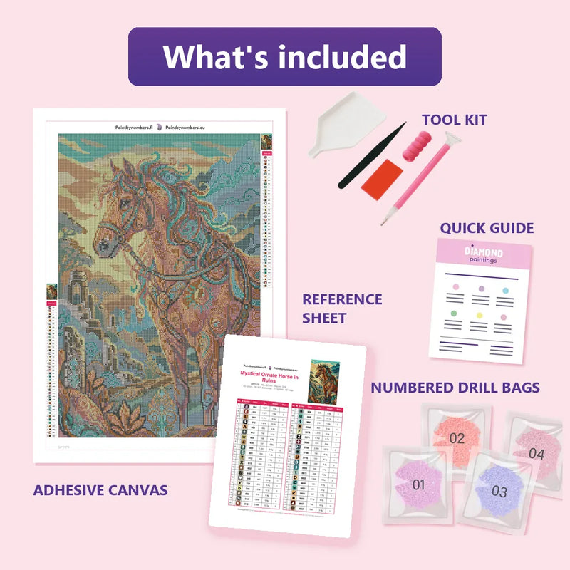What is included in the Mystical Ornate Horse in Ruins diamond painting kit - adhesive canvas, reference sheet, tools and numbered drill bags