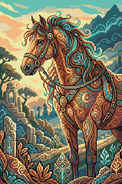 Diamond painting-motiv med en brun häst med guld- och turkosmönster framför ruiner och berg