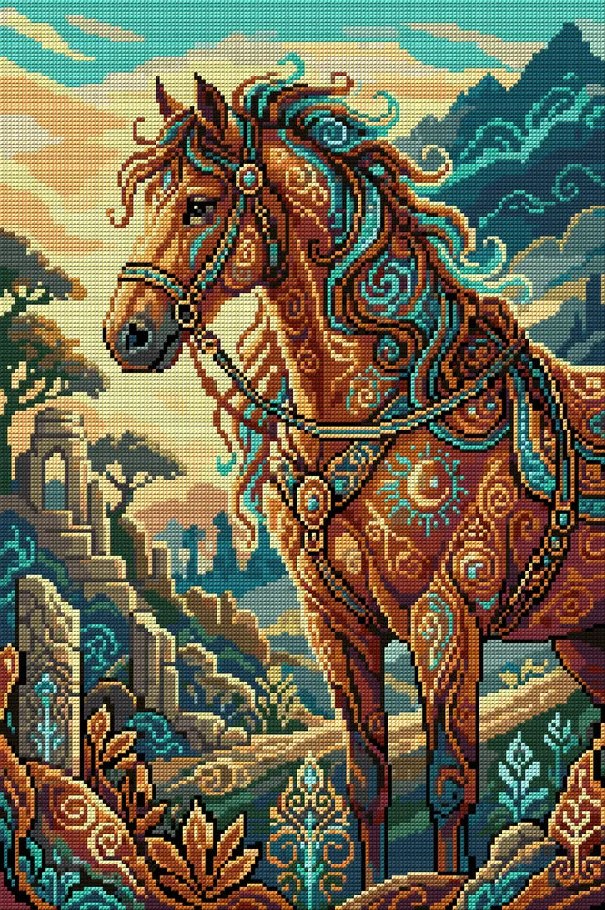 Mystical Ornate Horse in Ruins, 40x60 cm diamond painting – full design preview without the close-up inset