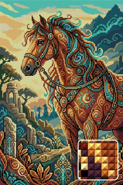 Mystical Ornate Horse in Ruins, 40x60 cm diamond painting – finished design preview with a close-up of square drills