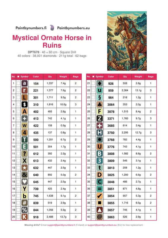 DMC color chart for Mystical Ornate Horse in Ruins diamond painting - 40 colors