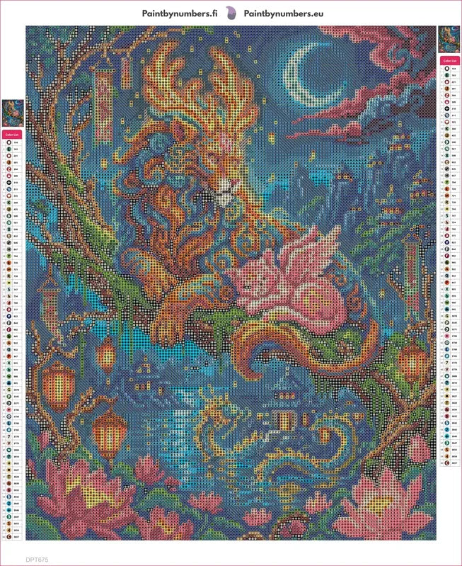 Diamond painting adhesive canvas preview - Mythical Lion and Winged Cat Night