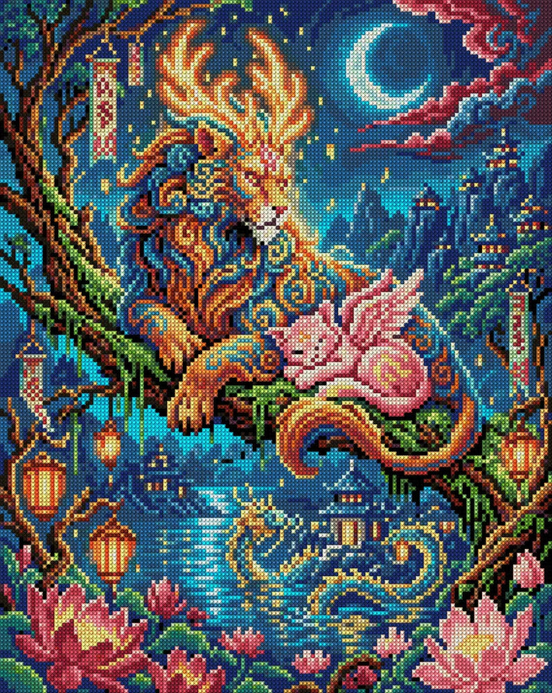 Mythical Lion and Winged Cat Night, 40x50 cm diamond painting – full design preview without the close-up inset
