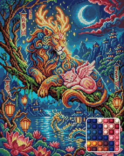 Mythical Lion and Winged Cat Night, 40x50 cm diamond painting – finished design preview with a close-up of round drills