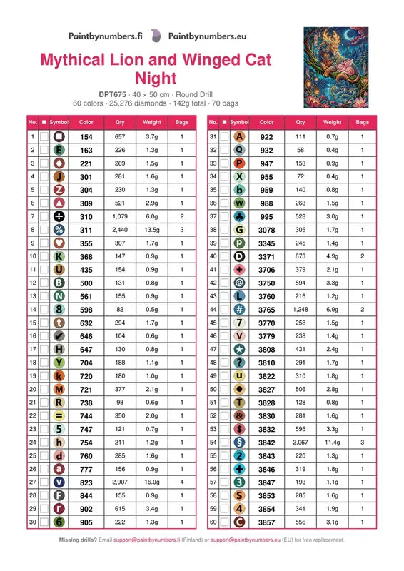 DMC color chart for Mythical Lion and Winged Cat Night diamond painting - 60 colors