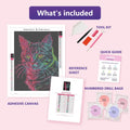 Thumbnail for Neon Cat Portrait 30x40cm diamond painting kit contents: adhesive canvas, color chart, tools and diamond bags