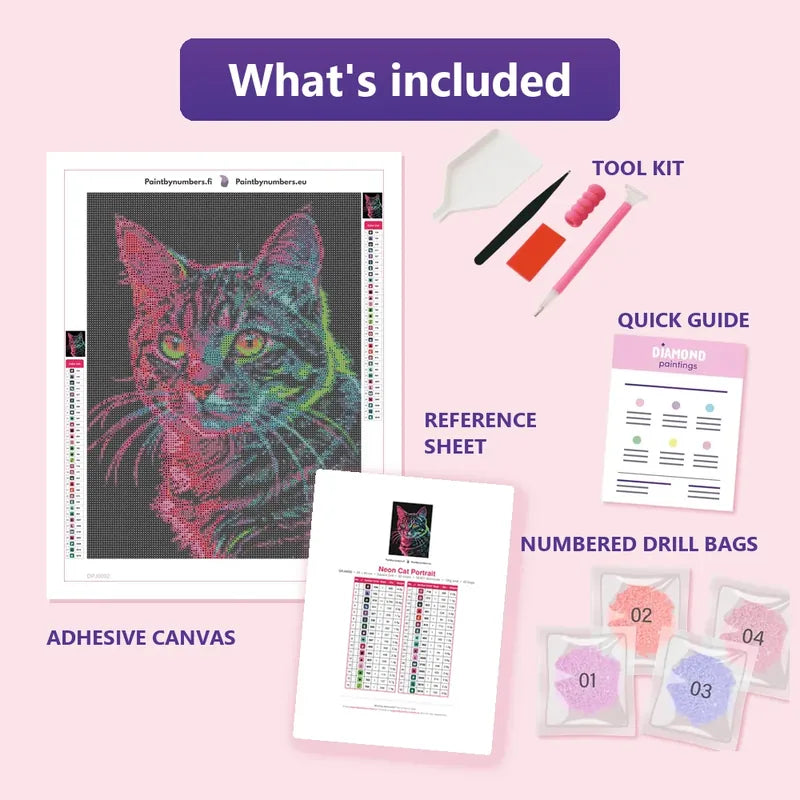 Neon Cat Portrait 30x40cm diamond painting kit contents: adhesive canvas, color chart, tools and diamond bags
