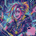 Thumbnail for Neon Cyberpunk Girl Portrait, 50x50 cm diamond painting – finished design preview with a close-up of square drills