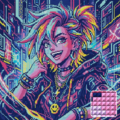 Neon Cyberpunk Girl Portrait, 50x50 cm diamond painting – finished design preview with a close-up of square drills