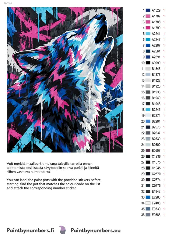 Paint color chart and instructions - Neon Graffiti Wolf 40x50cm