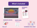 Thumbnail for What is included in the Neon Horizon Synthwave diamond painting kit - adhesive canvas, reference sheet, tools and numbered drill bags