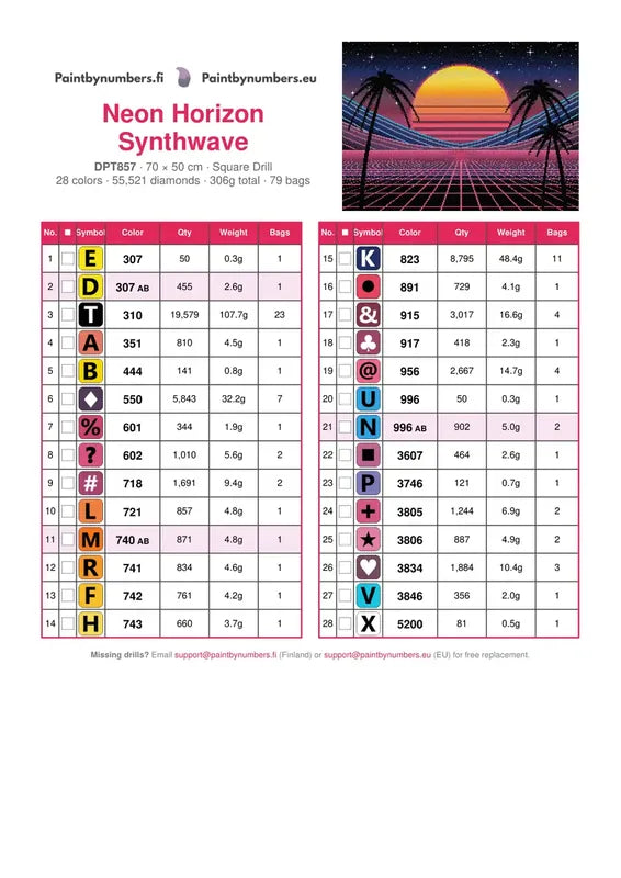 DMC color chart for Neon Horizon Synthwave diamond painting - 28 colors